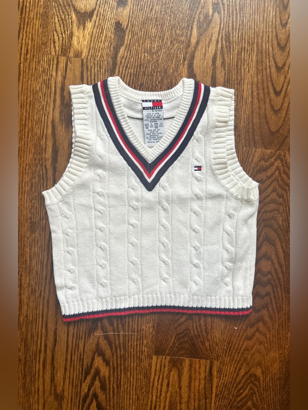 Tommy Hilfiger Baby Cream Cable-Knit V-Neck Sweater Vest with Navy & Red Trim